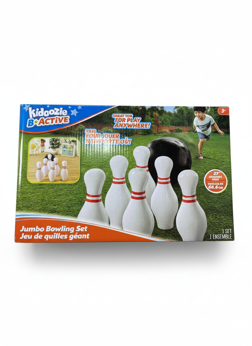 Box of Kidoozie Jumbo Bowling Set on a wooden floor