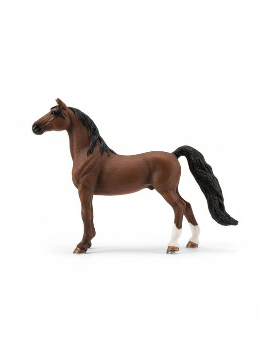 Model horse with a price tag on a light wooden surface