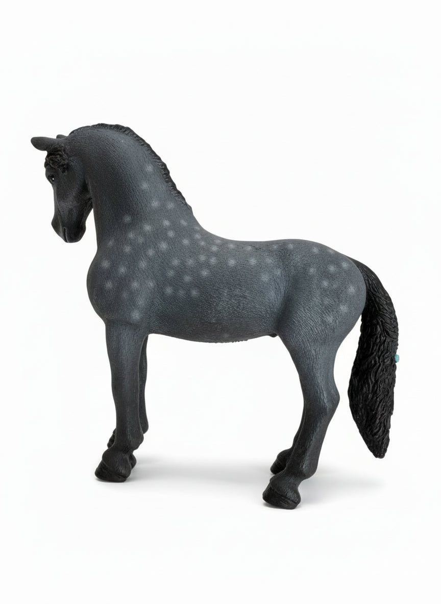 Gray horse toy with a price tag on a light wooden floor