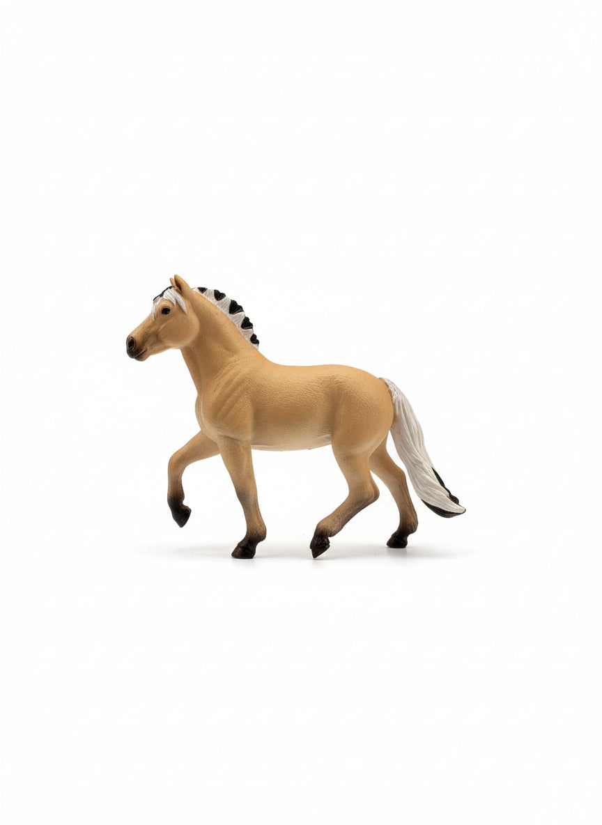Plush horse toy with a price tag on a gray floor