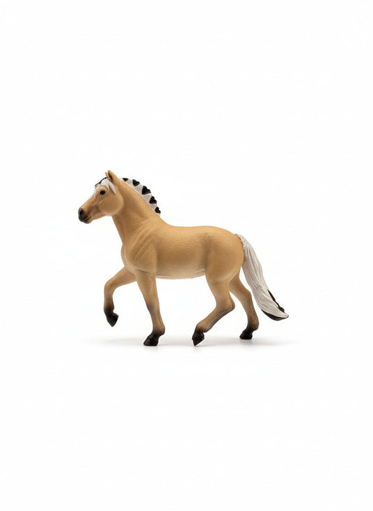 Plush horse toy with a price tag on a gray floor