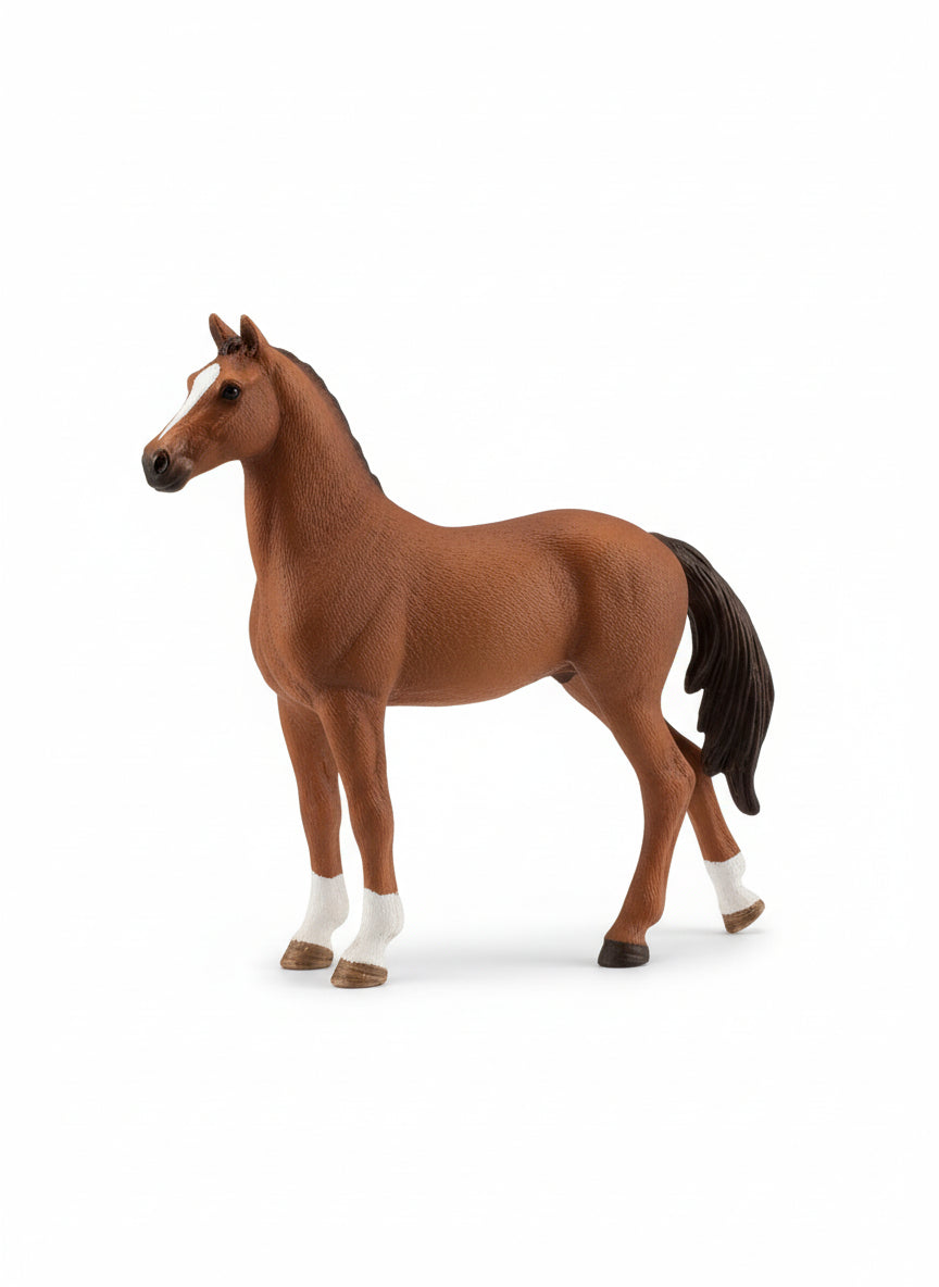 Brown horse figurine with a price tag on a gray surface
