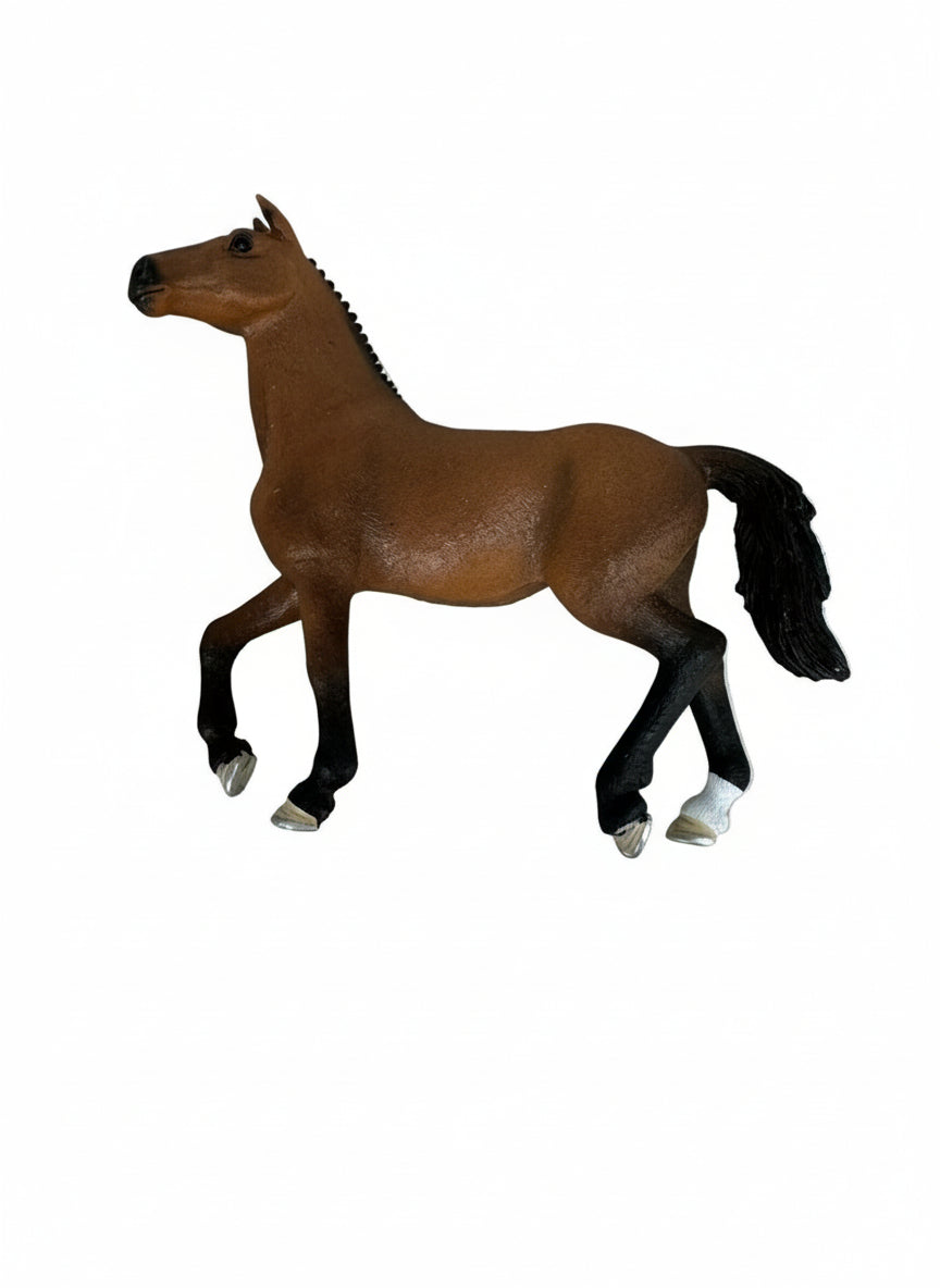 Brown horse figurine with a price tag on a white background