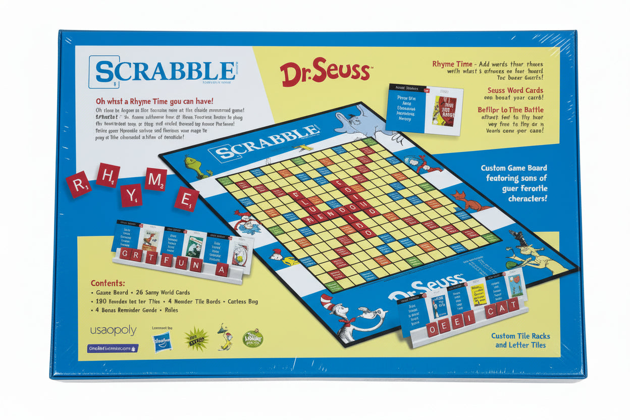 Scrabble board game box with Dr. Seuss theme on a wooden floor