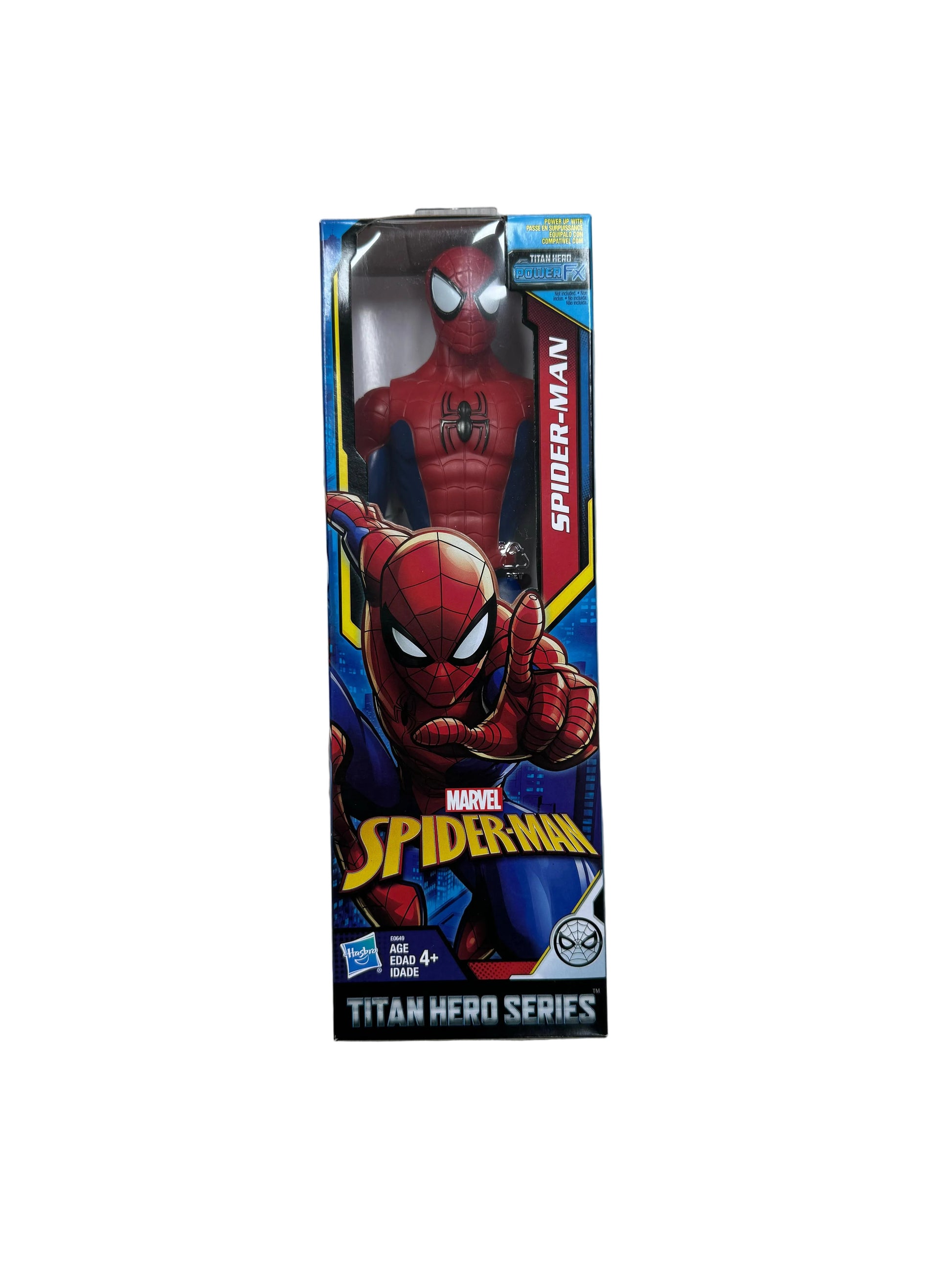 Spider-Man toy figure in packaging on a wooden floor