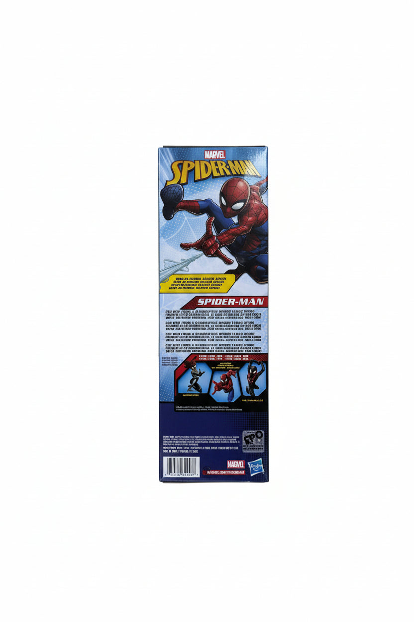 Spider-Man toy packaging on a wooden floor