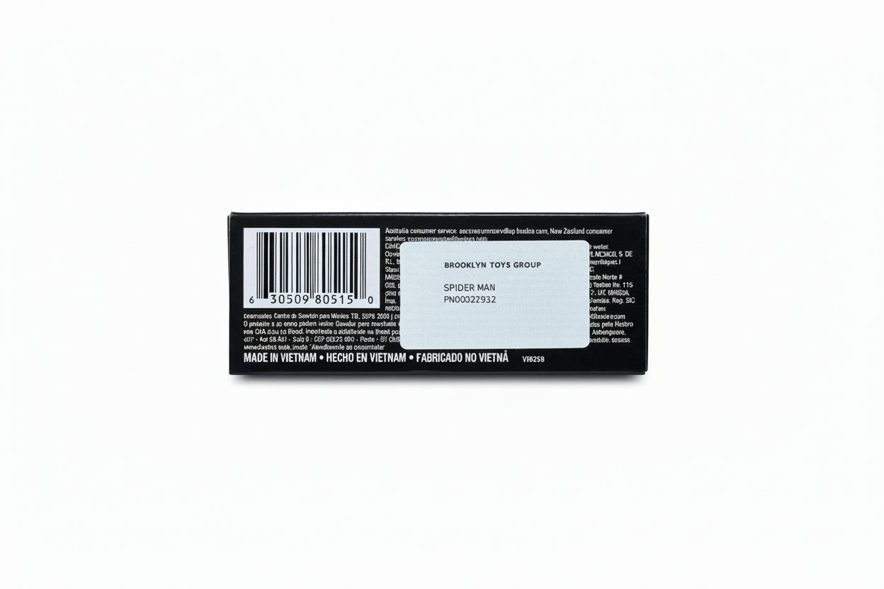 Product label with barcode and text on a wooden surface