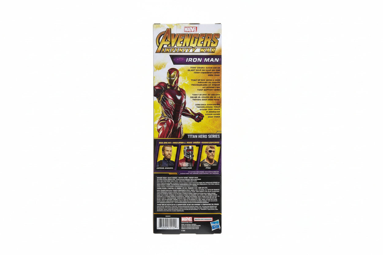 Marvel Avengers Iron Man toy figure packaging on a wooden floor