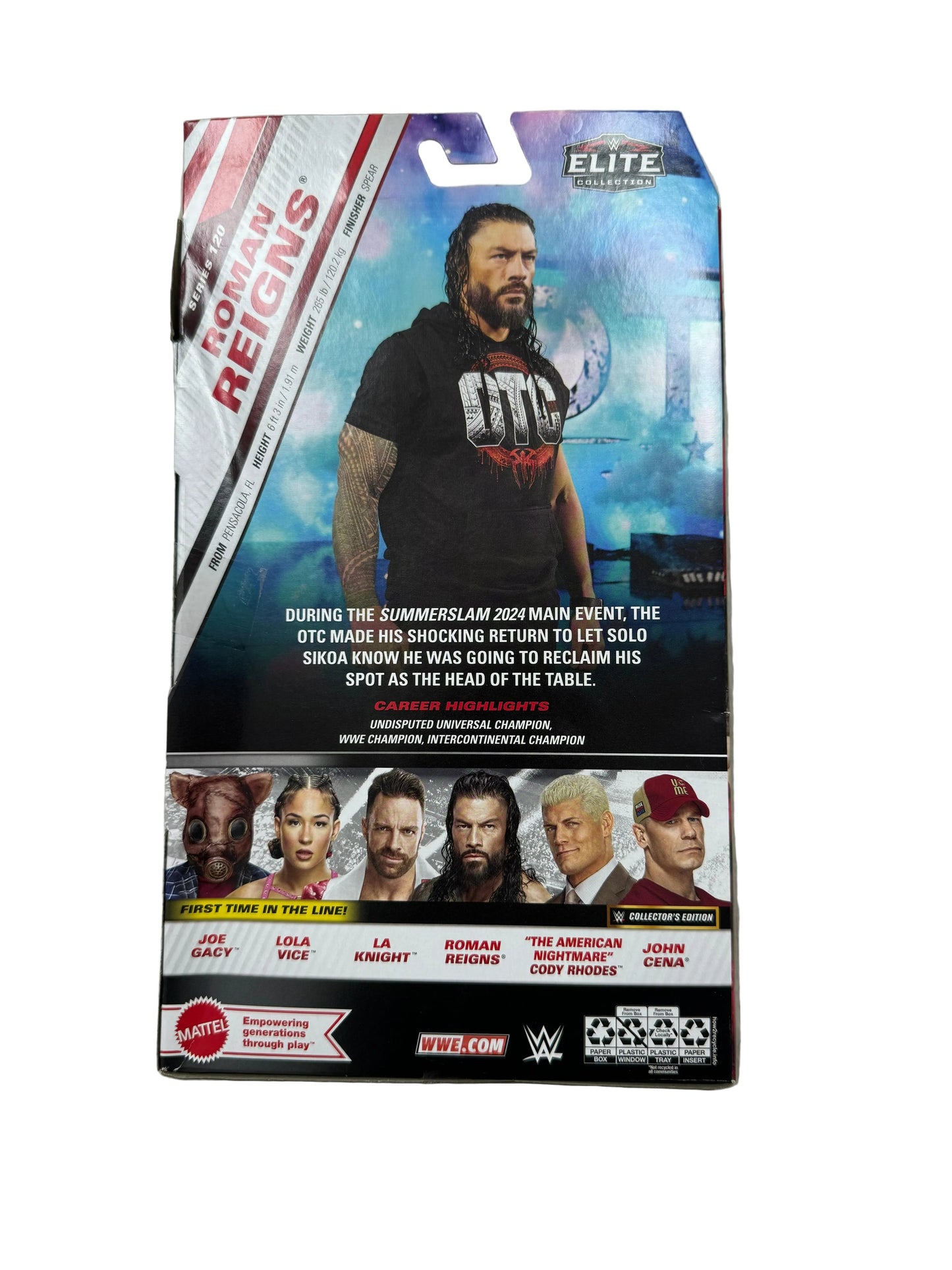 WWE Elite series packaging with a wrestler and other characters on a wooden floor.