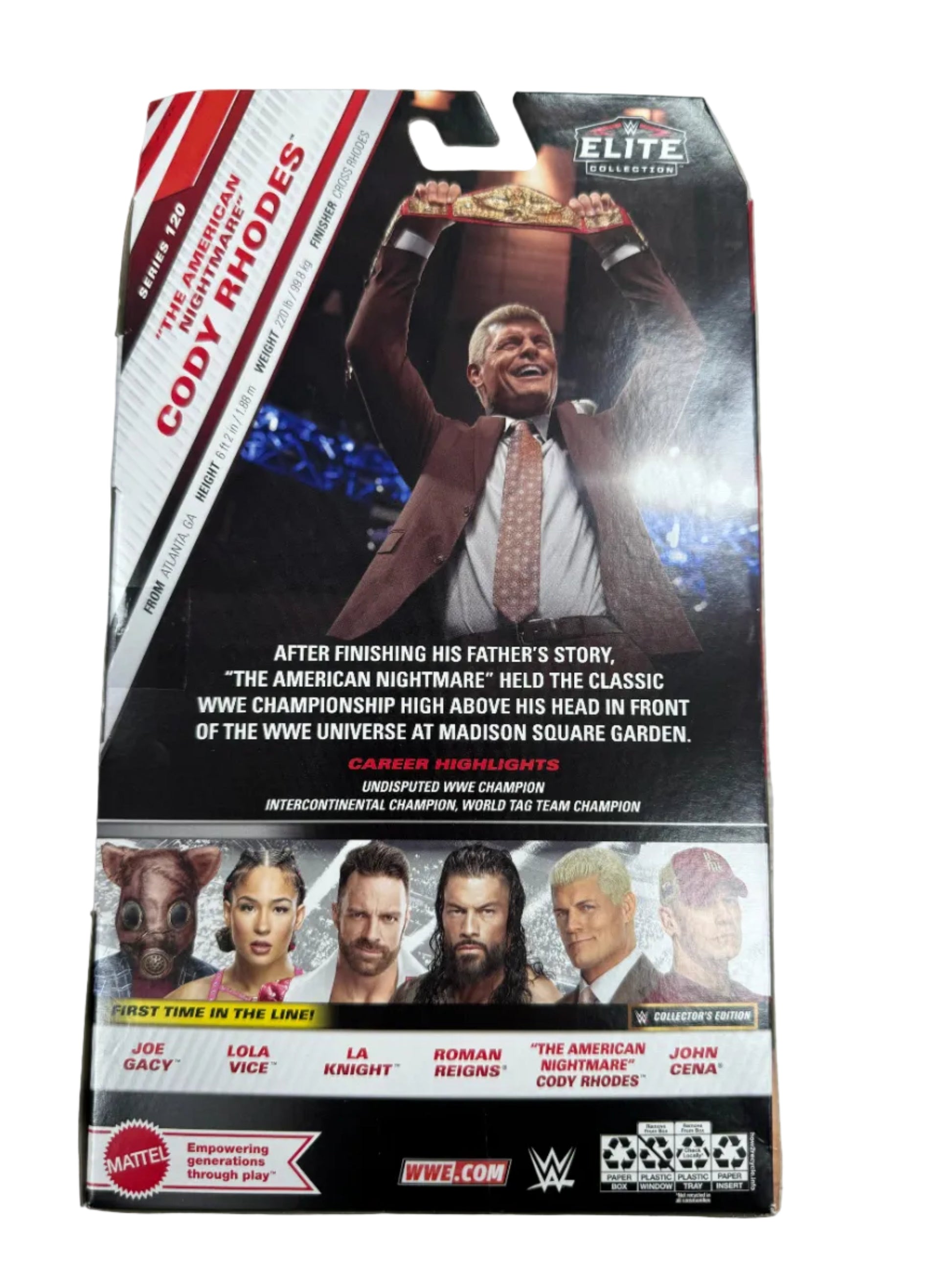 Product packaging for Cody Rhodes with images of people on a gray surface