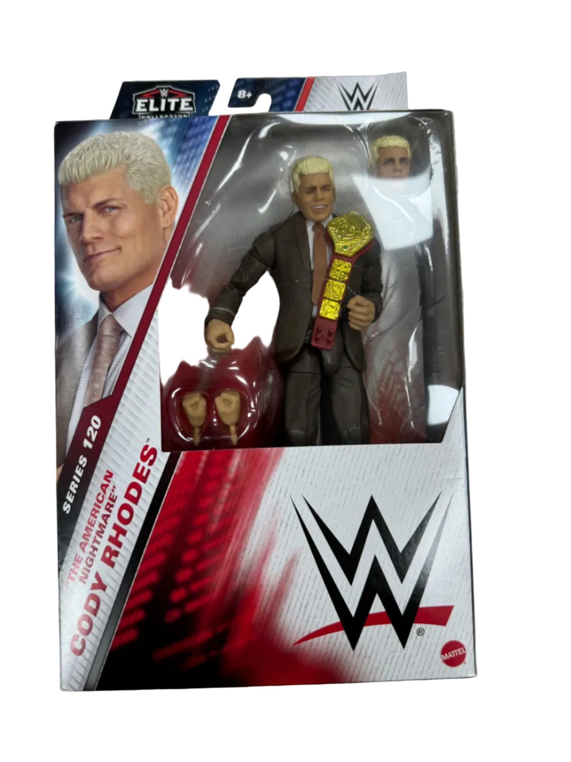 WWE action figure packaging with Cody Rhodes on a gray surface