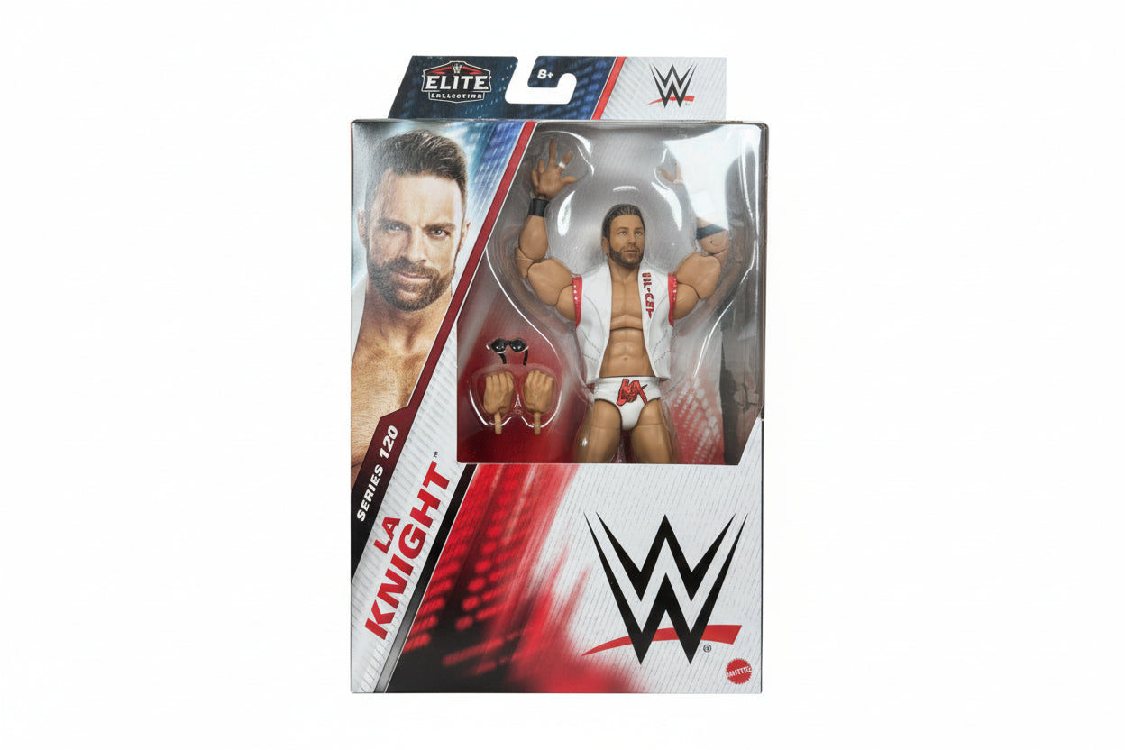 WWE Elite series action figure packaging on a wooden surface