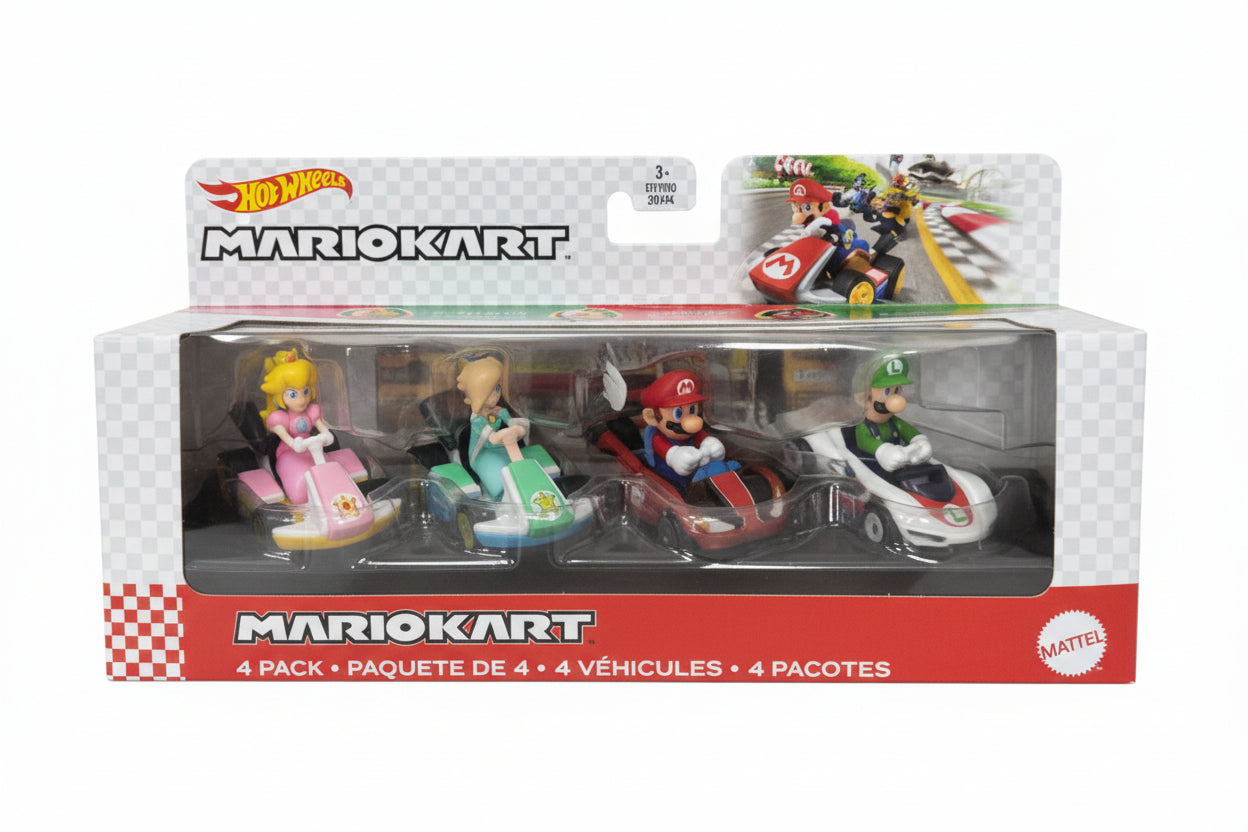 Hot Wheels Mario Kart toy set packaging on a wooden surface