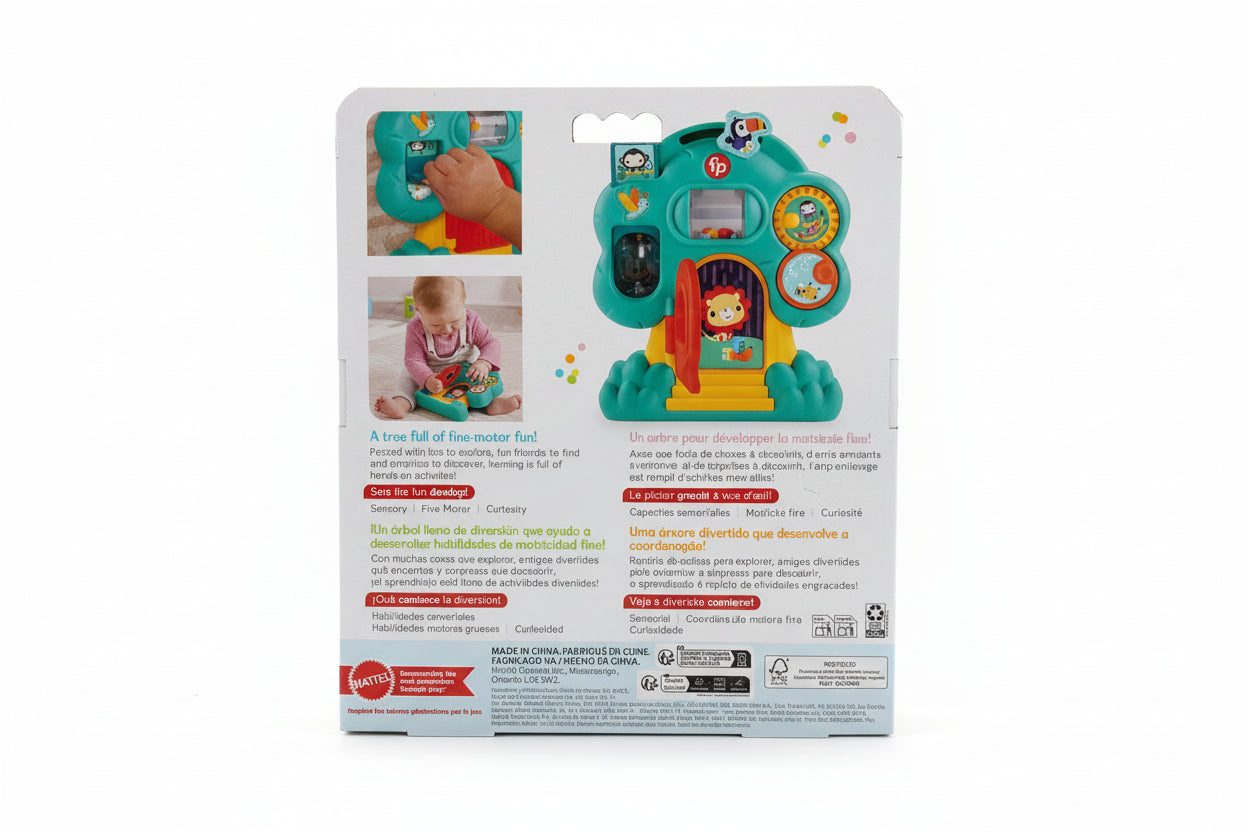 Back view of a toy packaging with colorful graphics on a wooden surface