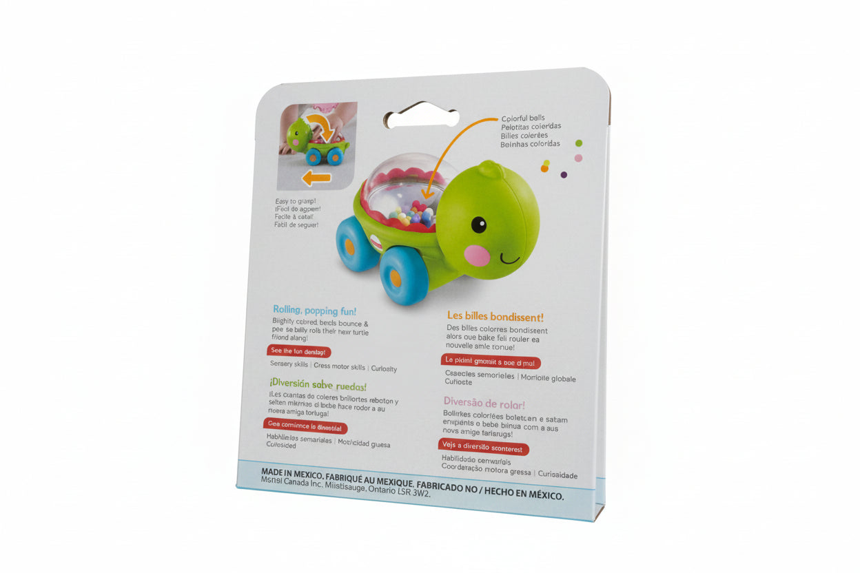 Toy turtle packaging with text on a wooden surface