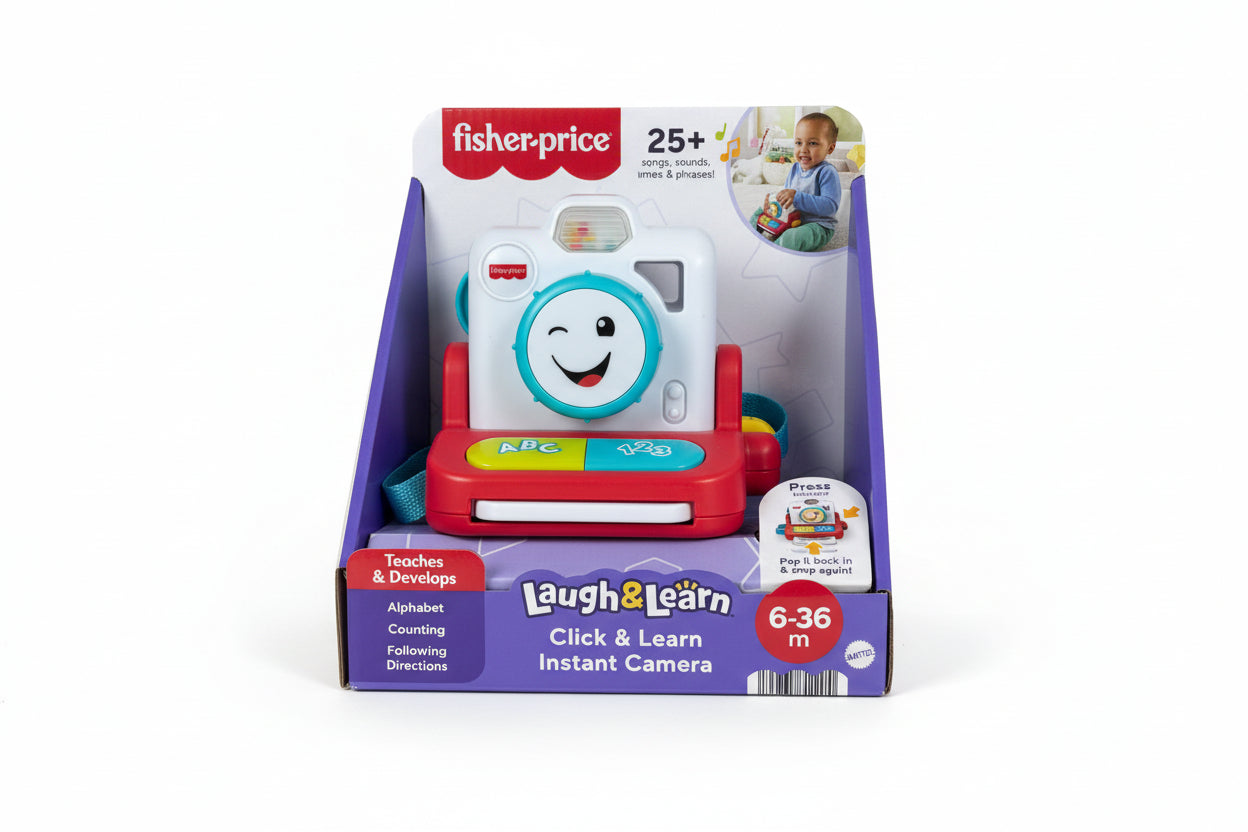 Fisher-Price Laugh & Learn Click & Learn Instant Camera in packaging on a wooden surface