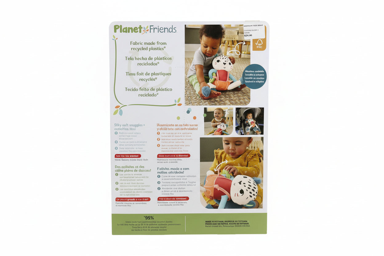 Product packaging for 'Planet Friends' toy with text and images of a child playing.