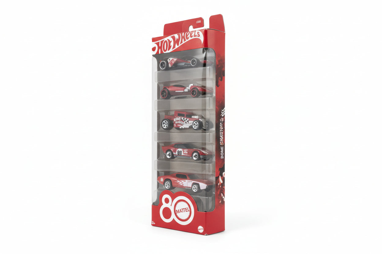 Hot Wheels toy car set in packaging on a light gray surface