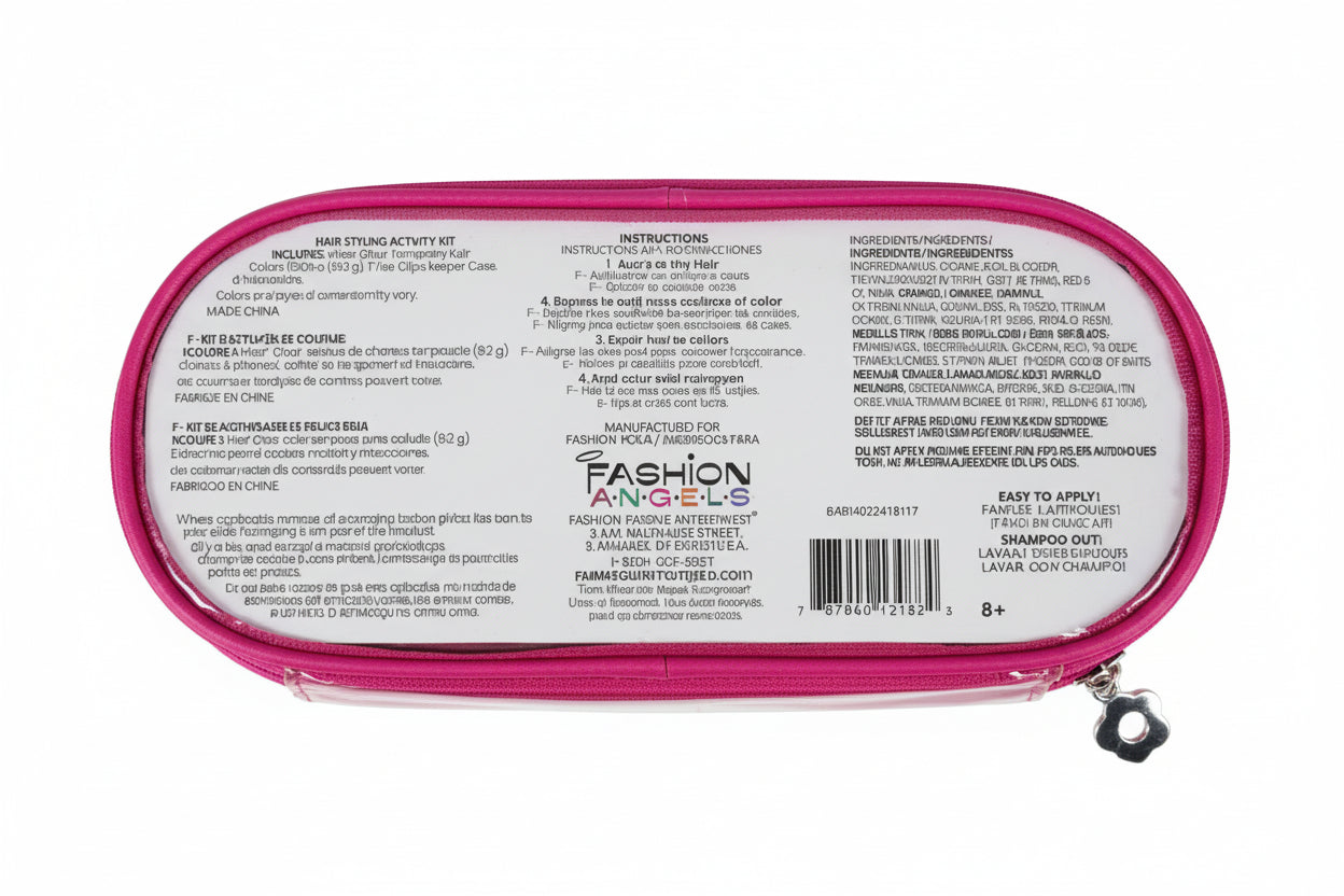 Pink pouch with label on a gray surface