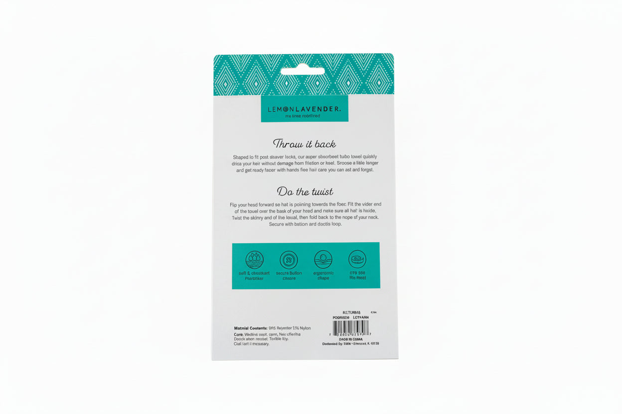 Back of a towel packaging with text and branding on a wooden surface