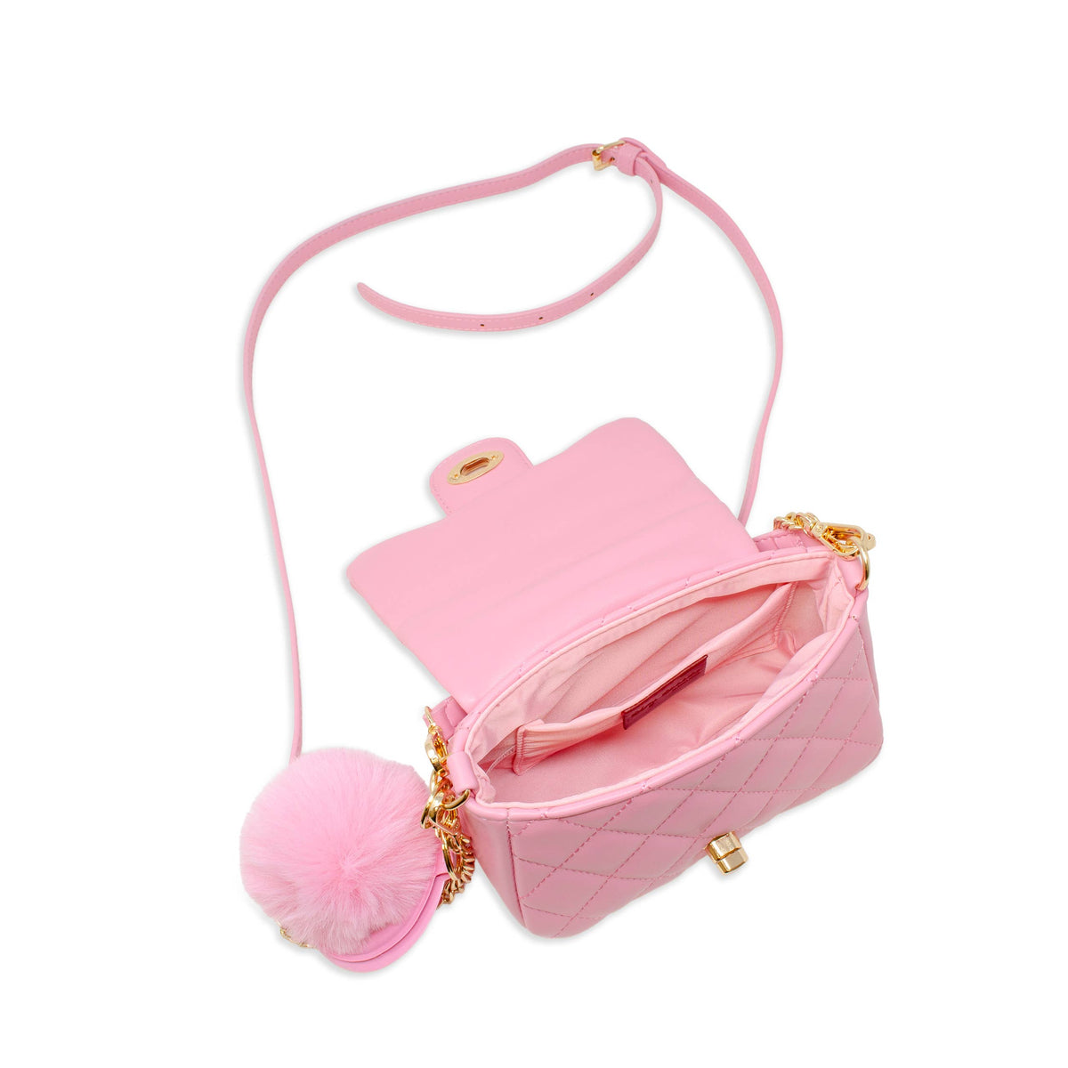 Tiny Treats quilted mini flap handbag with mirror pom-pom, pink