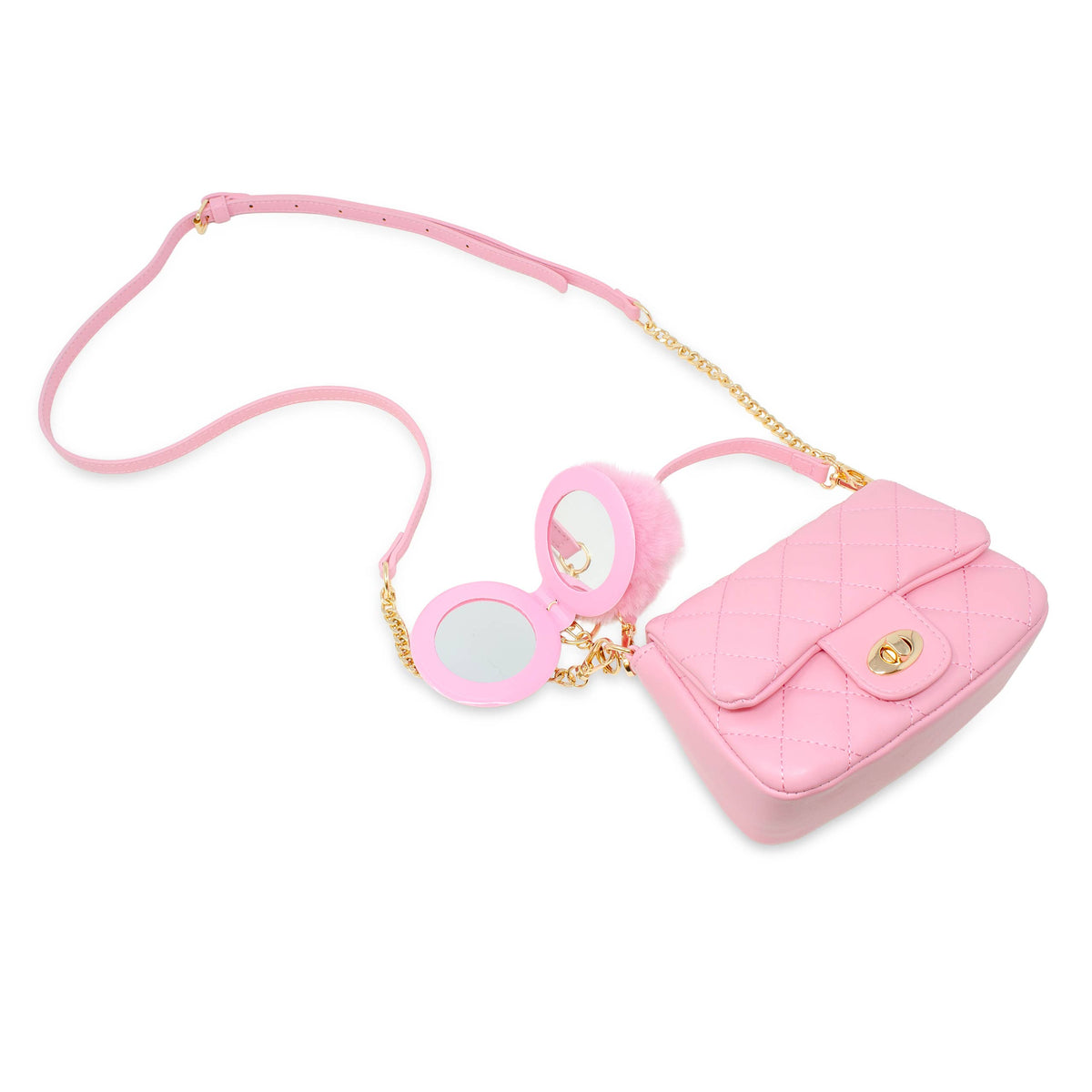 Tiny Treats quilted mini flap handbag with mirror pom-pom, pink