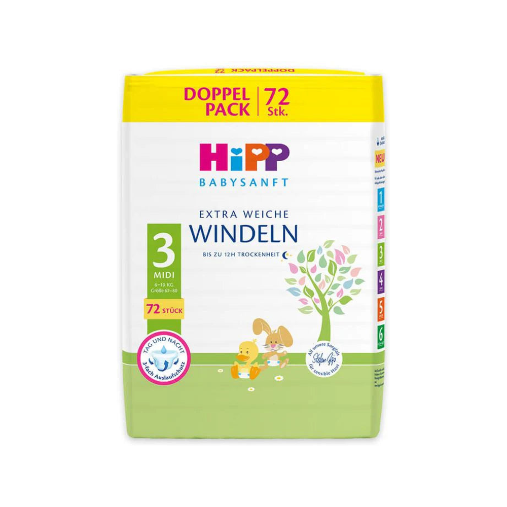 HiPP Baby Soft Extra Soft Diapers Midi, Size 3 (72 pcs) 6-10 kg