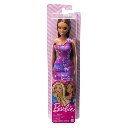 Barbie Doll in Purple Barbie Logo Print Dress (HGM57)