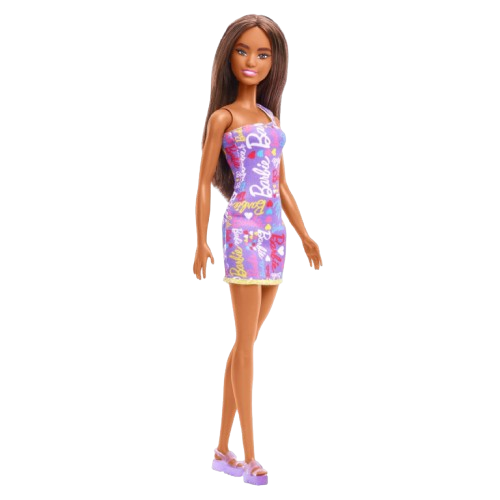Barbie Doll in Purple Barbie Logo Print Dress (HGM57)