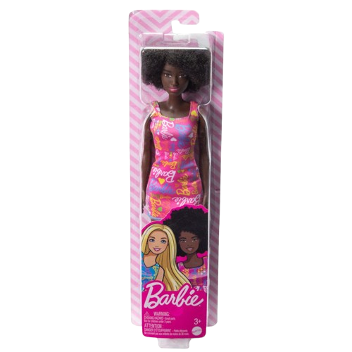 Barbie Doll in Pink Barbie Logo Print Dress (HGM58)