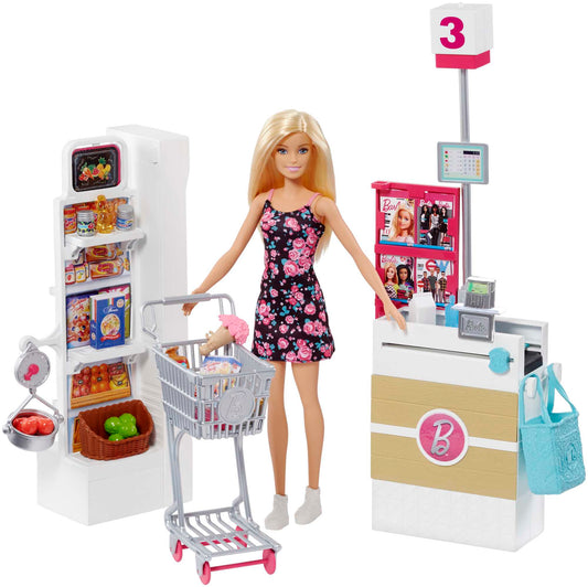 Barbie Doll and Supermarket Playset with 25 Accessories (FRP01)