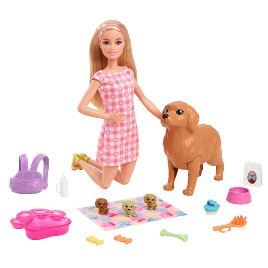 Barbie Doll & Newborn Pups Playset with 4 Dogs (HCK75)